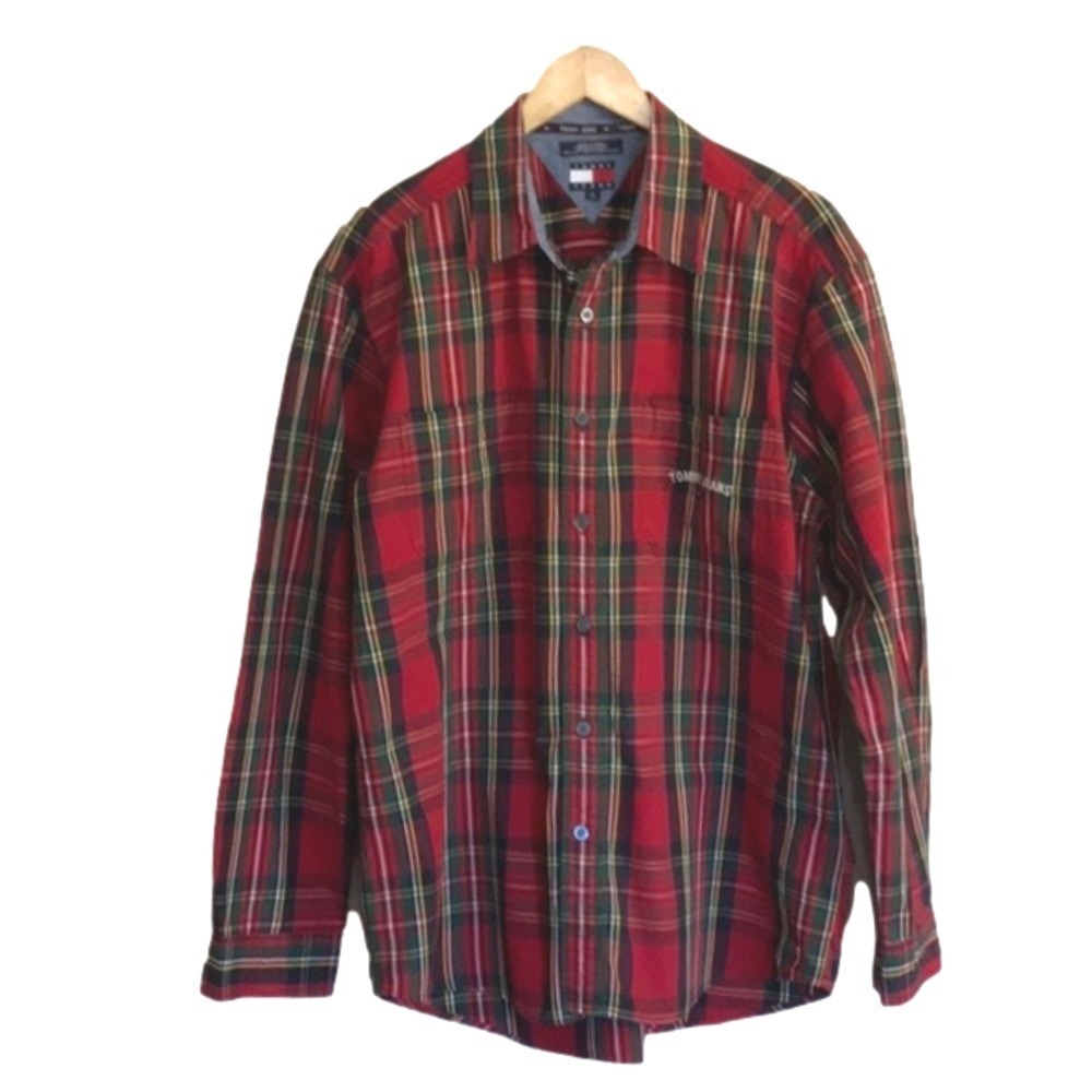 Tommy Jeans Hilfiger Men Large Classic Cotton Plaid Long Sleeve Shirt Vintage 90